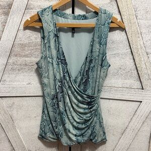 White House Black Market Teal Snake Print Drape Blouse
